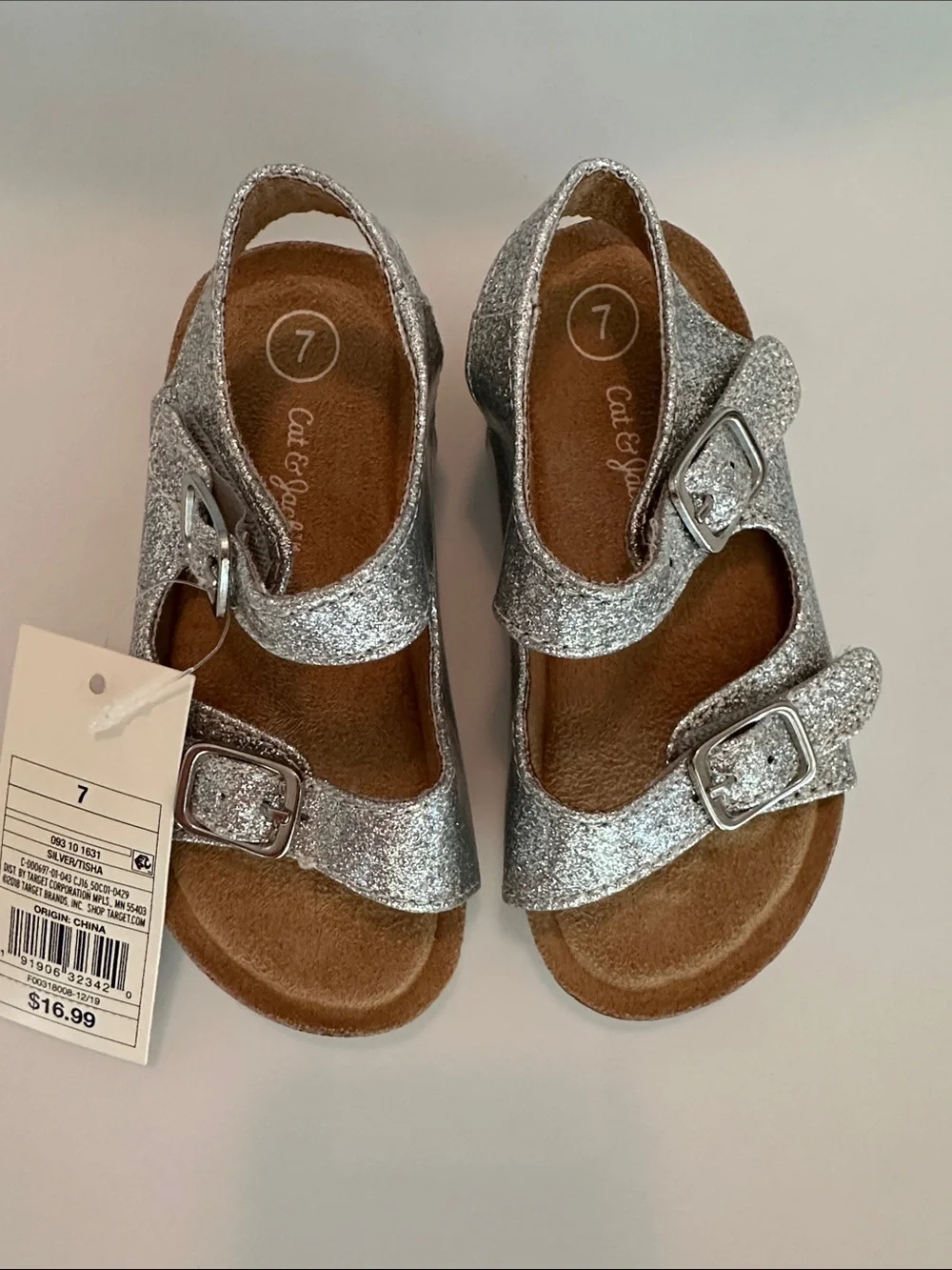 Cat & Jack Tisha Silver Glitter Footbed Sandal Toddler Size 7